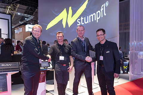 Thierry Heldenbergh (managing director AED Display), Horst Damoser (global business development manager AV Stumpfl), Glen Roggeman (CEO AED Group), and Tobias Stumpfl (CEO AV Stumpfl)