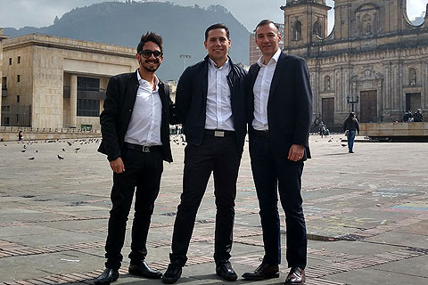 In Bogota Old Town: Robe’s Latin America regional sales manager Guillermo Traverso in the middle, flanked by Juan Camilo Triana, sales manager for AV Com on the left, and Camilo Aranguren, CEO of AV Com on the right