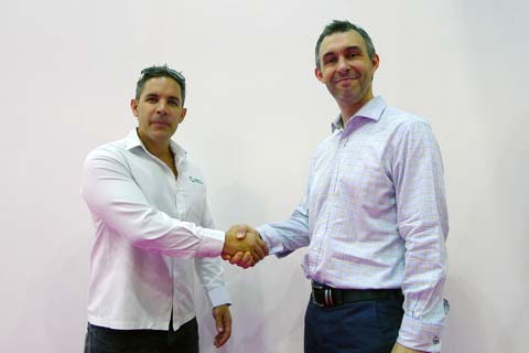 Delta AV Solutions’ Gareth Armstrong (left) seals the deal with Martin Audio’s Bradley Watson