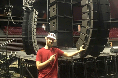 Bauder Audio’s Craig Kaufmann rigging the company’s new Kiva II enclosures and SB15m subs at Philadelphia'a Liacouras Centre