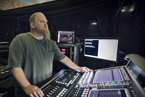 Linkin Park monitor engineer Kevin Tater” McCarthy at the tour’s DiGiCo SD7 desk