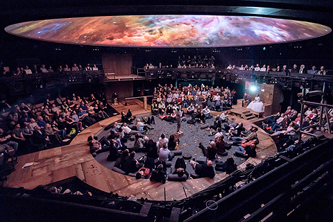 Bertolt Brecht’s Life of Galileo was staged in-the-round (photo: Leon Puplett Projections by 59 Productions)