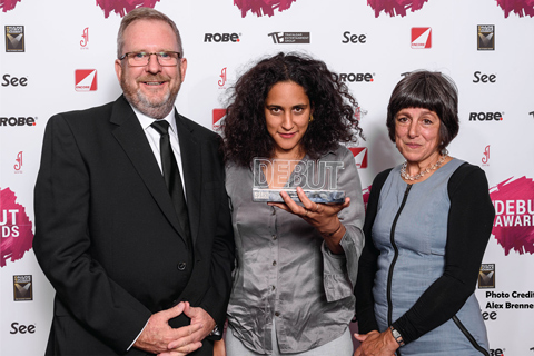 Robe UK’s Dave Whitehouse, winner of the Best Designer Award Rosie Elnile and Caro Newling from Neal Street Productions (photo: Alex Brenner)