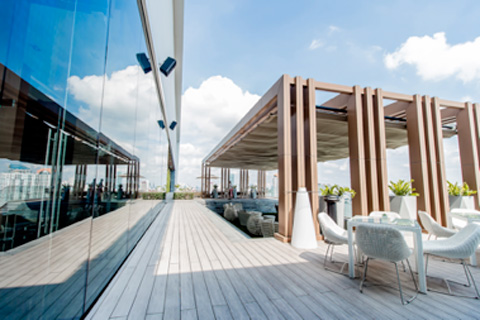 The hotel features a lobby, grand ballroom, five conference rooms, multiple restaurants and a rooftop swimming pool