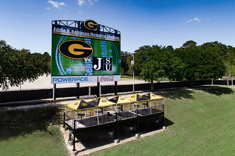 Coverage is provided by two Danley J3-94 Jericho Horns, one on either side of the new scoreboard