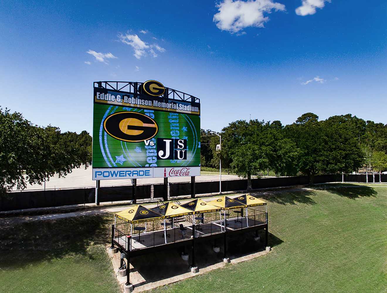 Coverage is provided by two Danley J3-94 Jericho Horns, one on either side of the new scoreboard