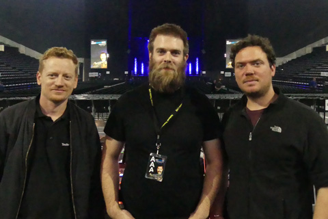 Ricky Gervais’ FOH engineer, Jon Sealey, flanked by Capital Sound system tech Joseph Pearce (left) and sound designer Chris Whybrow
