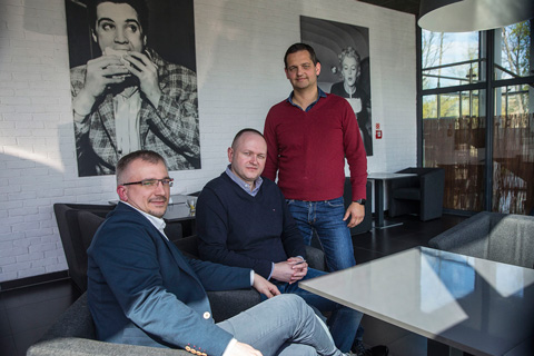 Wojtek Lampkowski, Emile Dluzewski from ATM with Rafal Rzeczkowski from Robe’s Polish distributor Prolight (photo: Louise Stickland)