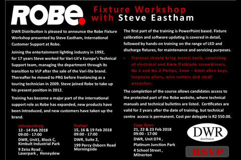 The workshop will be presented by Steve Eastham, international customer support at Robe