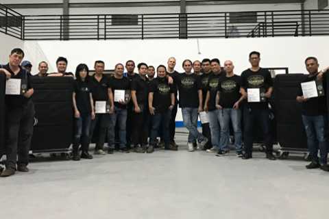 Adamson Applied Certification trainees, including technicians from PMX, at Stage Craft International HQ
