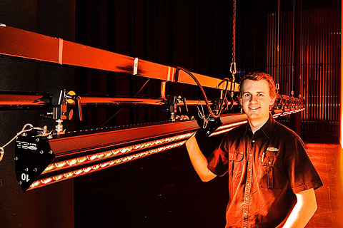 Ben Hunt at the Empire Theatres, with the newly delivered Robert Juliat Dalis lights (photo:  Kris Stewart)