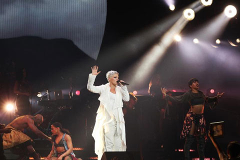 LD Baz Halpin uses Philips Vari-Lite VL6000 Beam luminaires for Pink's Beautiful Trauma world tour (photo: Todd Kaplan)