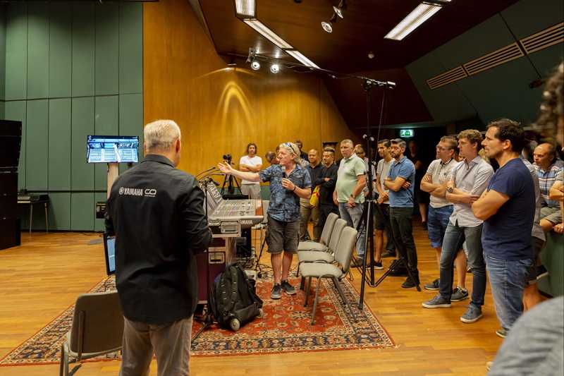Rick Pope with Yamaha's Ruben van der Goor (foreground) and Rivage PM10 in Studio 1 (photo: Don Fonzarelli)