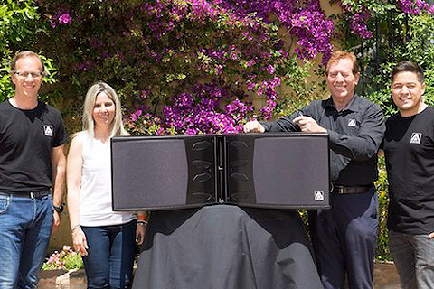Amate Audio unveils new flagship line array high in the Catalan mountains: VP & chief technical director Joan Amate, principal acoustic engineer Natàlia Milán, CEO Juan Amate and sales manager Jordi Amate