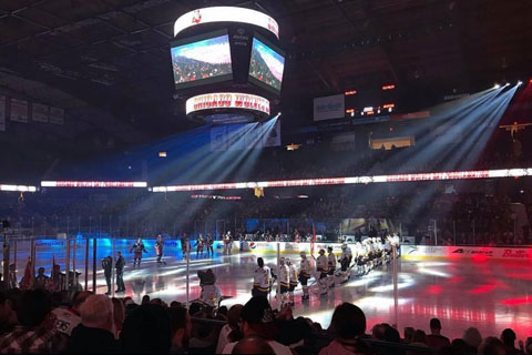 The pregame features a dynamic, fast-moving lighting and pyro show