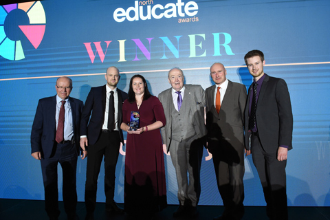Educate North host, Jim Hancock; Jack Scarr, Backstage; Rachel Nicholson, Backstage; Phil Harris, chair of the Educate North Awards judging panel; Miles Marsden, Backstage; Matt Bate, Backstage