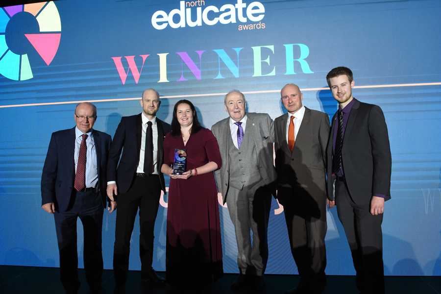Educate North host, Jim Hancock; Jack Scarr, Backstage; Rachel Nicholson, Backstage; Phil Harris, chair of the Educate North Awards judging panel; Miles Marsden, Backstage; Matt Bate, Backstage