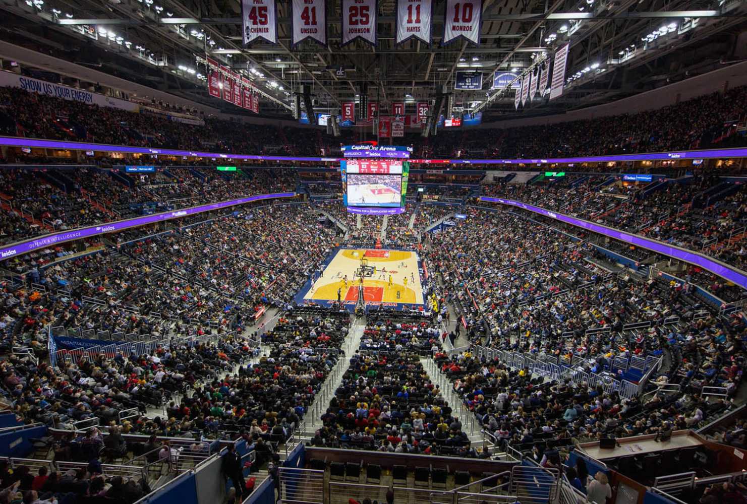Capital One Arena is home to the Washington Capitals NHL hockey team, and Washington Wizards NBA basketball team
