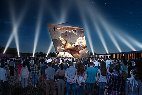 The Museum’s dynamic external architecture is transformed into a skyline canvas