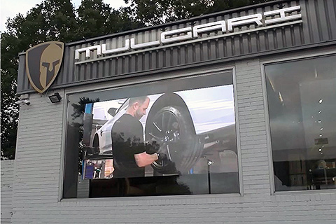 The LED video wall in the showroom of Mulgari Cars