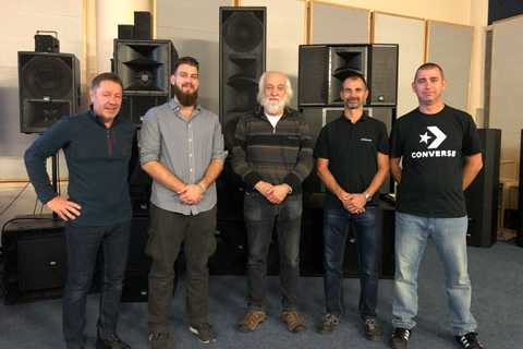 George Krampera Sr, KV2 founder (centre) with Gyorgy Horvath, owner Megatone (far right) with members of KV2 Audio & Megatone team