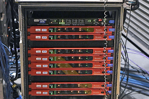 The audio team implemented a Dante network powered by Focusrite RedNet D64R 64-channel MADI bridges