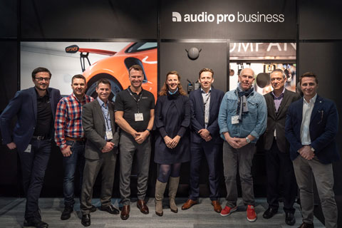 Laurent Rault sales director EMEA Audio Pro; Logan Helps, Anthony Everest (A-T UK); Ola Grahn (Audio Pro); Evangéline Pirot (A-T France); Alex Farrell (A-T UK); Jens Henriksen (Audio Pro); Robert Morgan-Males (CEO A-T Europe); Sylvain Hochart A-T Iberia)