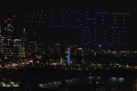 Caption: As part of the #LightItBlue campaign, Verge Aero's specially developed aerial drone light show fleet performed an aerial salute to health workers in the skies above Philadelphia. (Photo: © Verge Aero)