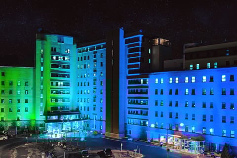 The display covers the entire width of the hospital’s entrance