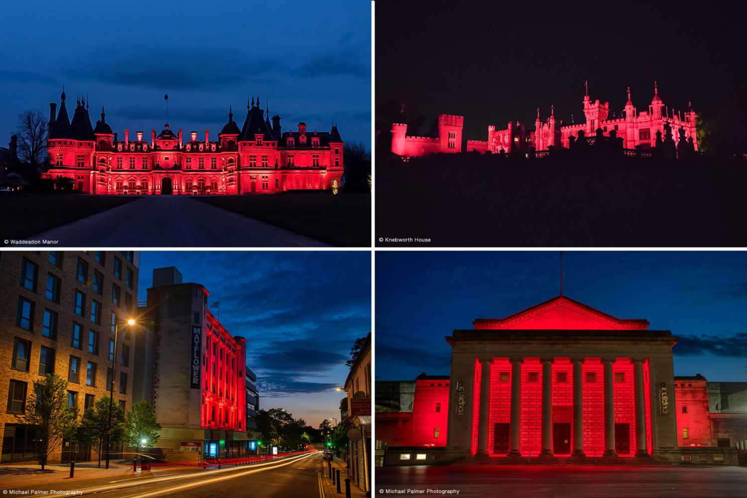 Clockwise, from top left: Waddesden Manor, Knebworth House, The Mayflower Theatre and Southampton Guildhall