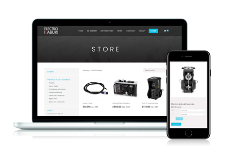 The store web page for online ordering of Electro Kabuki systems and parts