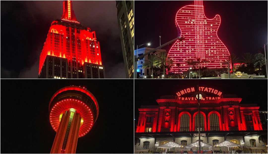Clockwise from left: The Empire State Building, Hard Rock Hotel in Hollywood, Florida, Union Station in Denver, Colorado, and Tower of the Americas in San Antonio, Texas