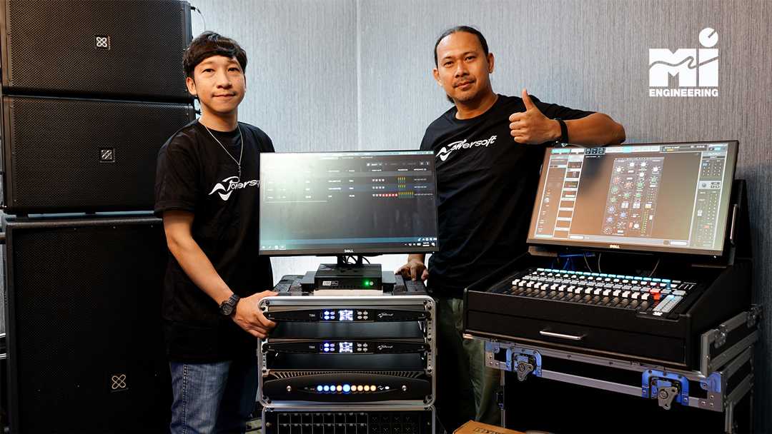 MI-Engineering's Attapol Praisri (left) and a senior product specialist with their new Powersoft products