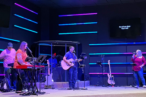 Preparing the Way Ministries’ auditorium is a relatively small but modern space