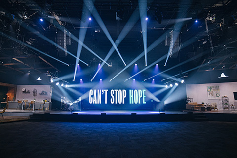 The new system is flown inside the main worship auditorium at 12Stone’s Sugarloaf campus