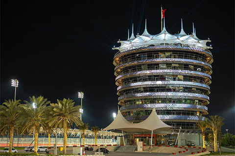 The new video and light installation on the façade of the Sakhir Tower at the Bahrain International Circuit