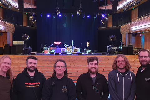 The Entec crew: Stu Condron (FOH & production manager), Donal O'Lunaigh (LD), Leo Tierney (LX system tech), Aaron Greig (monitors), Craig Williams (monitors system tech) and Alex Chapman (FOH system tech)