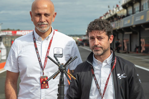 Dorna Sports sound manager Pep Mendoza and Audio-Technica’s Rodrigo Thomaz with an Audio-Technica 8.0 Microphone Concept prototype