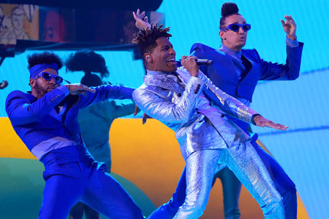 Jon Batiste onstage at MGM Grand Garden Arena in Las Vegas (photo: Kevin Mazur/Getty Images)