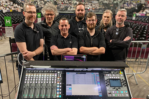 The Young Voices audio crew - Fergus Mount (crew chief), Gavin Tempany (FOH engineer), Luke Cohen (stage technician), Bart de Wit (system engineer), Tobias Dracup (RF technician), Grace Howat (monitor engineer) and Paul Gardiner (system engineer)
