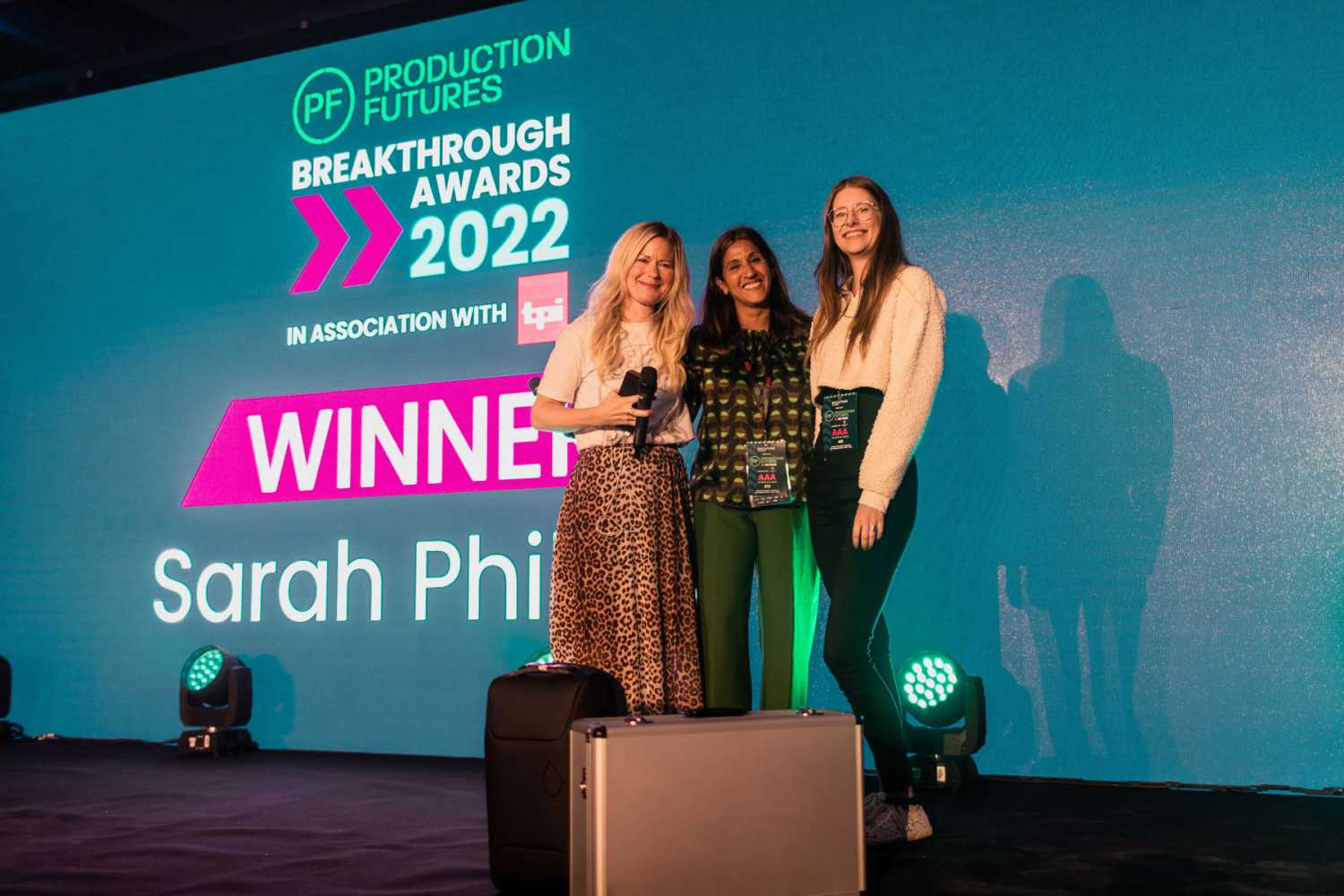 Hannah Eakins and Jas Parekh of Production Futures with Sarah Philpot (right), one of six Breakthrough Award winners