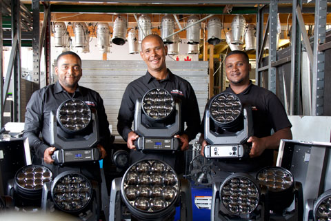 Ultra Events’ Ebrahiem Fisher, Burland Bennett and Chesaray Adams with their new Robin LEDBeam 350s