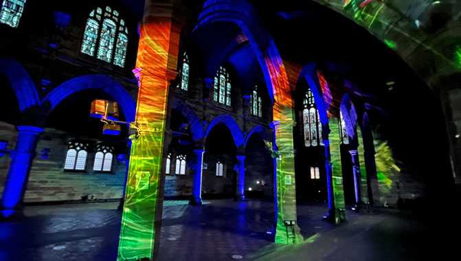 Projectors were used to map striking content from visual artist Rocco Helmchen