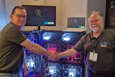 Electric Airshows' Chris Crockford (left) with new recruit - lighting designer John Bishop - and the new 'out of the box' drone solution on show at PLASA Focus Leeds