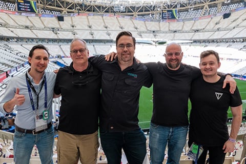 The Qatar crew:  Markus Neubauer, LX programmer II & keylighting; Troy Eckerman, associate LD; Roland Greil, lighting designer; Michael Kuehbandner studio associate & LX programmer and Tom Levin, design assistant & spotcaller (Photo:  Katara Studio)