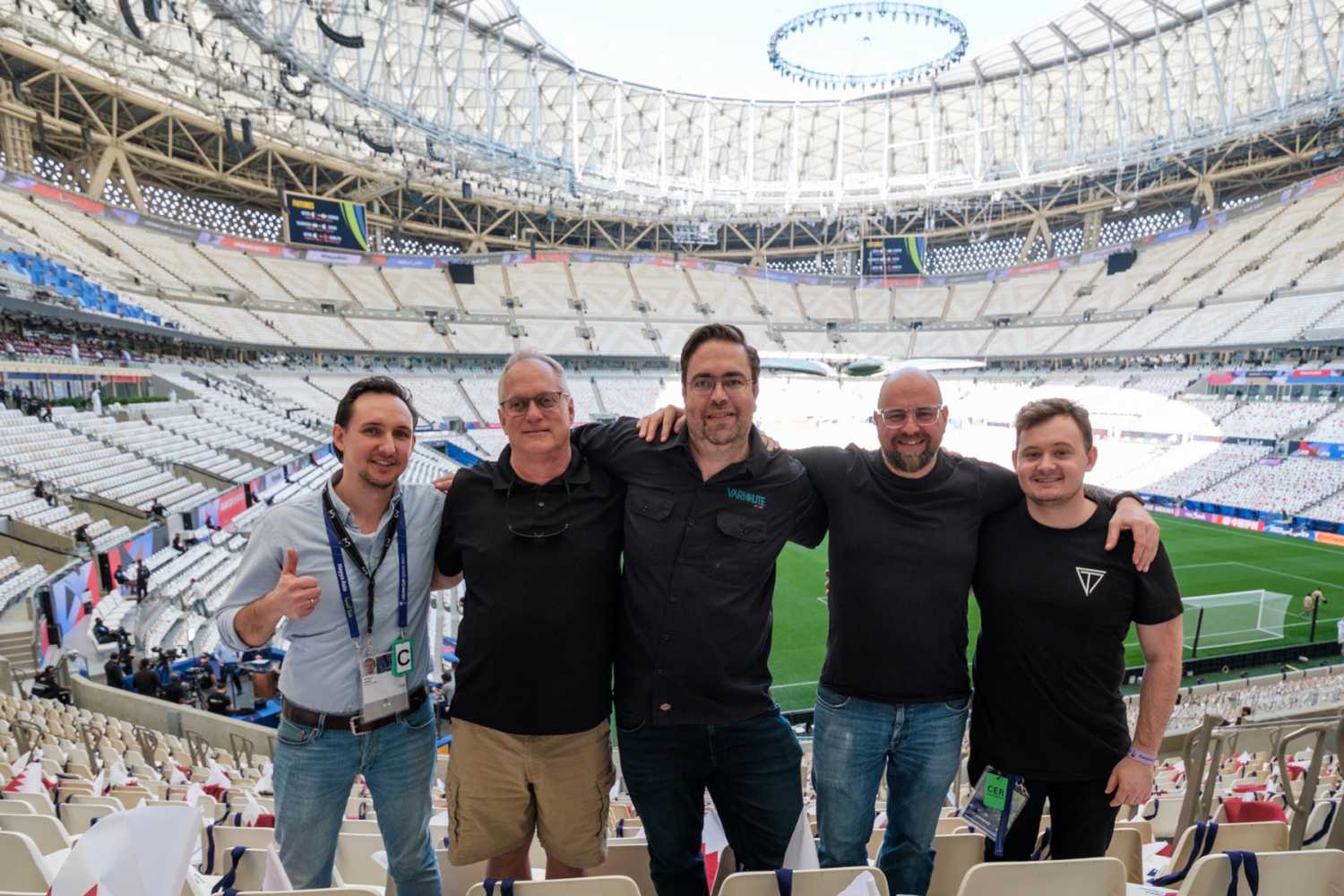 The Qatar crew:  Markus Neubauer, LX programmer II & keylighting; Troy Eckerman, associate LD; Roland Greil, lighting designer; Michael Kuehbandner studio associate & LX programmer and Tom Levin, design assistant & spotcaller (Photo:  Katara Studio)